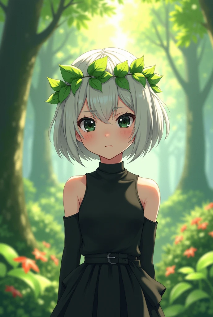 Anime character with a serious but cute face , She has short, white hair and a crown of green leaves., He has white skin and his clothes are black, black eyes , whiter skin than this one in front.
