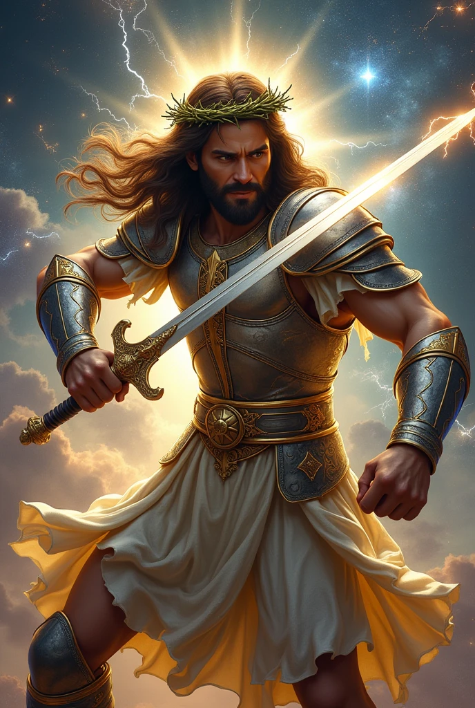 1 men, ((Jesus Christ)), ((Crown of thorns of Ziziphus in head)), perfect face, very long hair, muscled body , (silver and gold armor,) (Celestial glow armor), sword on hands, (Lightning and thunder coming out from the armor) , attack position, front pose, deep neckline, focus in sword, Looking at the sky, shine sky, stars, planets, galaxy, view from above
