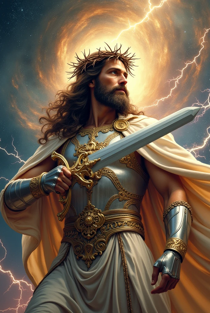 1 men, ((Jesus Christ)), ((Crown of thorns of Ziziphus in head)), perfect face, very long hair, muscled body , (silver and gold armor,) (Celestial glow armor), sword on hands, (Lightning and thunder coming out from the armor) , attack position, front pose, deep neckline, focus in sword, Looking at the sky, shine sky, stars, planets, galaxy, view from above