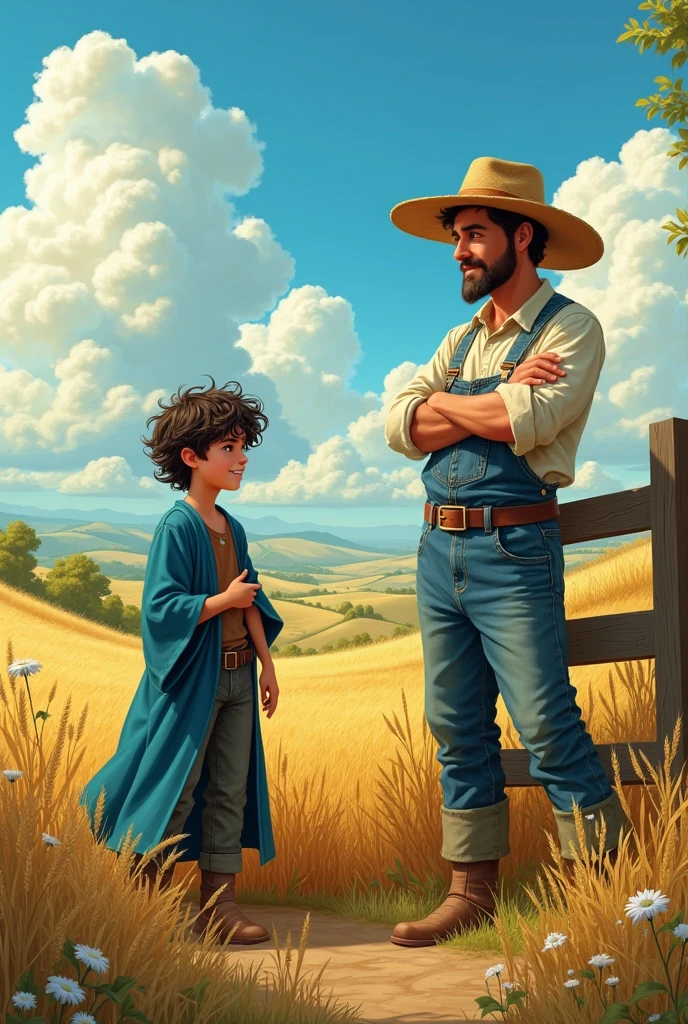 Merlin is a next to a farmer both in a farm and the nature talking to each other