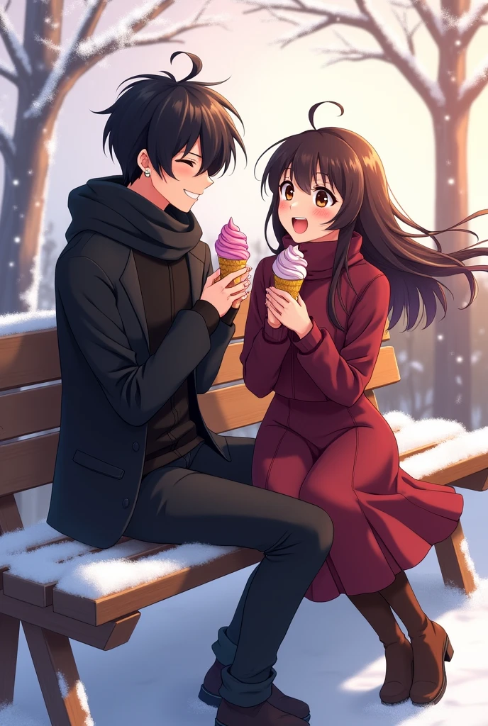 An anime man with black hair and dark maroon eyes and he is wearing a black outfit for winter and with him is sitting an anime woman with long middle brunette hair and dark brown eyes and she is wearing a maroon outfit for winter and they are eating ice cream while sitting on a bench