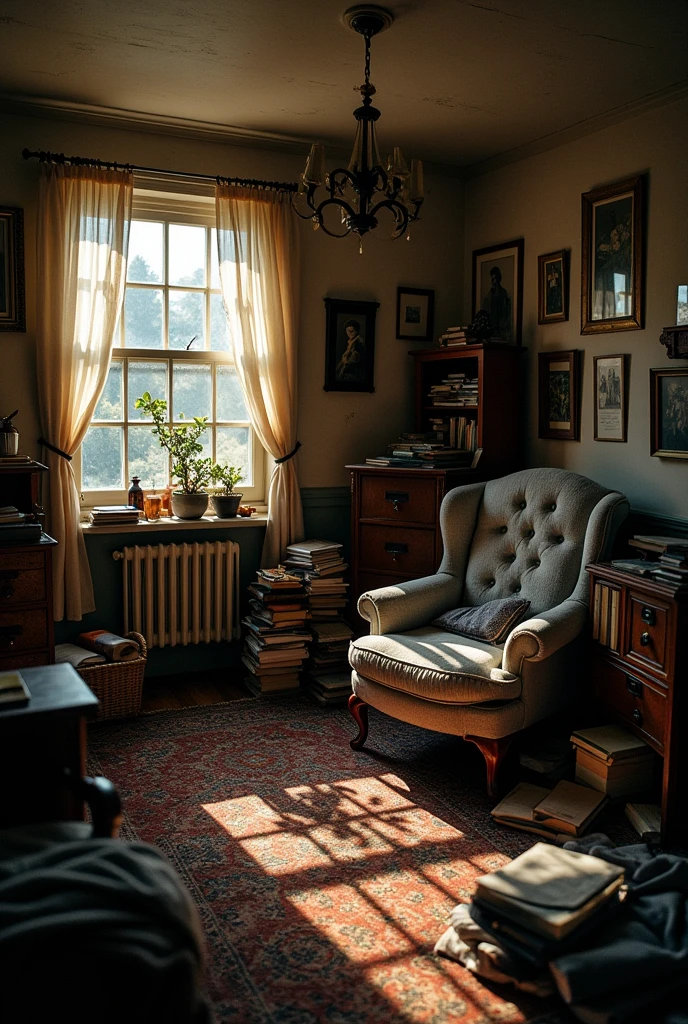 beautiful room in the dark house at night all messy.