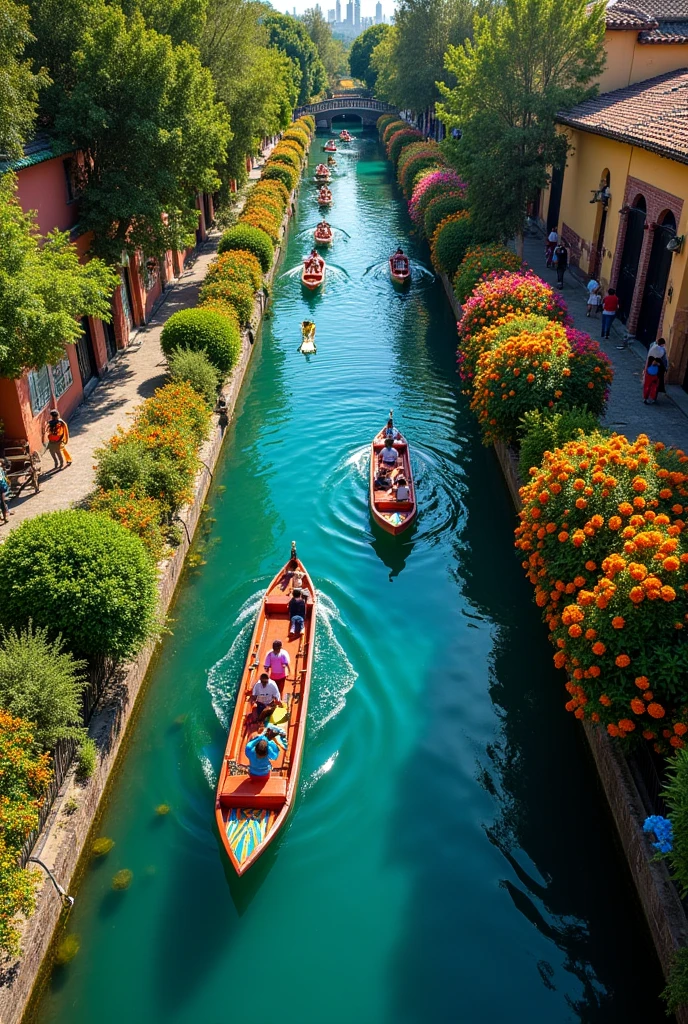 Aerial image of a canal in Xochimilco, Mexico City, surrounded by vegetation and flowers.]