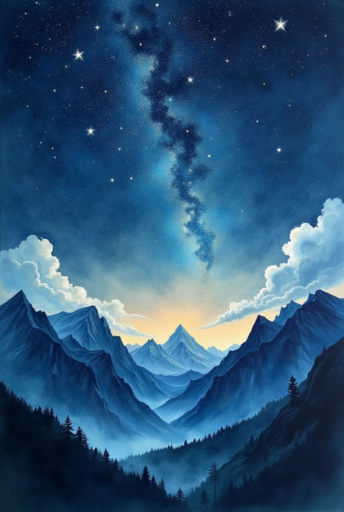 Watercolor of a starry night sky on a mountain
