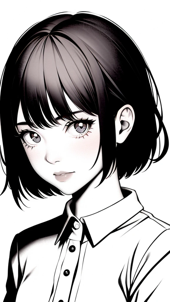 1girl, solo, monochrome, greyscale, short black hair, portrait, shirt, closed mouth, looking at viewer, sketch, graphite \(medium\), small lips, hatching \(texture\), without makeup, bangs, upper body,