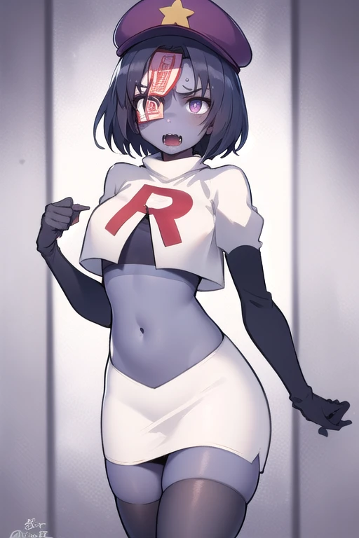 best quality, (masterpiece:1.2), illustration, absurdres, 
(1girl), (solo), (beautiful detailed girl),
Miyako Yoshika, (blue skin, purple skin:1.1), dark blue hair, purple eyes, medium breasts, zombie, jiangshi, undead
blue hat with a yellow star, ofuda on forehead, fangs, looking at viewer,
team rocket,team rocket uniform,white skirt,red letter R,crop top,black thigh-highs,black elbow gloves, cowboy shot,