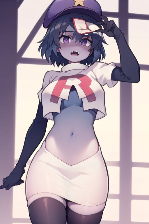 best quality, (masterpiece:1.2), illustration, absurdres,
(1girl), (solo), (beautiful detailed girl),
Miyako Yoshika, (blue skin, purple skin:1.1), dark blue hair, purple eyes, medium breasts, zombie, jiangshi, undead
blue hat with a yellow star, ofuda on forehead, fangs, looking at viewer,
team rocket,team rocket uniform,white skirt,red letter R,crop top,black thigh-highs,black elbow gloves, cowboy shot,
