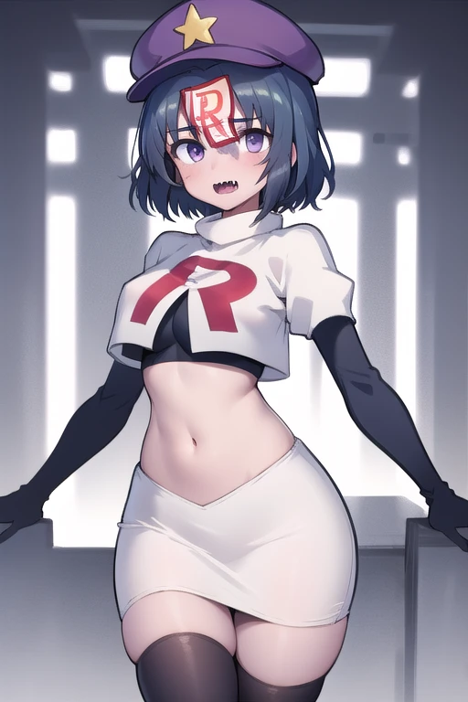 best quality, (masterpiece:1.2), illustration, absurdres,
(1girl), (solo), (beautiful detailed girl),
Miyako Yoshika, (blue skin, purple skin:1.1), dark blue hair, purple eyes, medium breasts, zombie, jiangshi, undead
blue hat with a yellow star, ofuda on forehead, fangs, looking at viewer,
team rocket,team rocket uniform,white skirt,red letter R,crop top,black thigh-highs,black elbow gloves, cowboy shot,