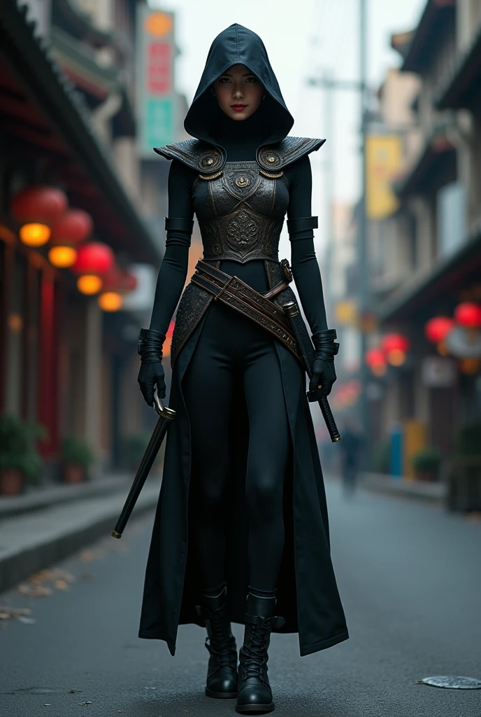She wears a sleek, fitted bodysuit made from a dark, flexible material that allows for maximum mobility. The suit is a deep, matte black, designed to blend into shadows. It has a high collar and a hood that can be pulled up to conceal her face.Over the bodysuit, she wears a lightweight, armored vest with subtle, intricate patterns inspired by traditional Asian designs. The vest offers protection without sacrificing agility.Her gloves are fingerless, allowing for better grip and dexterity with her weapons. They are reinforced at the knuckles and wrists.Mei Lin’s pants are similarly dark and fitted, with a series of discreet pockets for carrying tools and small weapons. They tuck into sturdy, flexible combat boots that are both silent and durable.To complete her outfit, she has a sash that wraps around her waist, which holds her katanas in custom sheaths. The sash is adorned with delicate embroidery, showcasing her heritage and adding a touch of elegance to her otherwise utilitarian gear.This outfit merges traditional elements with modern practicality, making Mei Lin both a formidable assassin and a symbol of her cultural background.