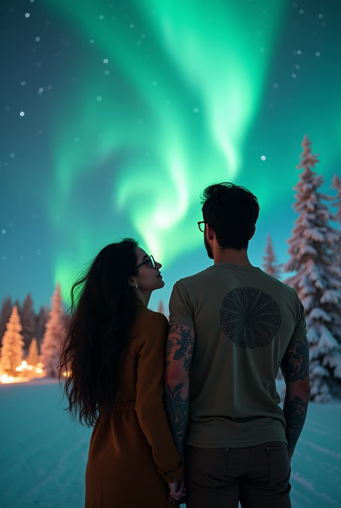 A woman with glasses and long dark hair and a dark-skinned man without a beard and a tattooed forearm discovering the Northern Lights in Norway, on a cold night