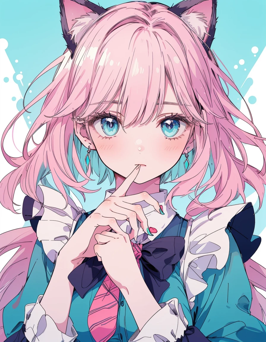 Alice in Wonderland, maid,Pink Hair,Medium Wave Hair, ((masterpiece, Highest quality:1.5)), ((Beautiful and detailed cat aqua eyes:1.2)), Bear ears, Pink Eyes,Young face,Innocent look,Pale skin, Large Breasts, Beautiful Hands, Beautiful fingers, Easy Negative