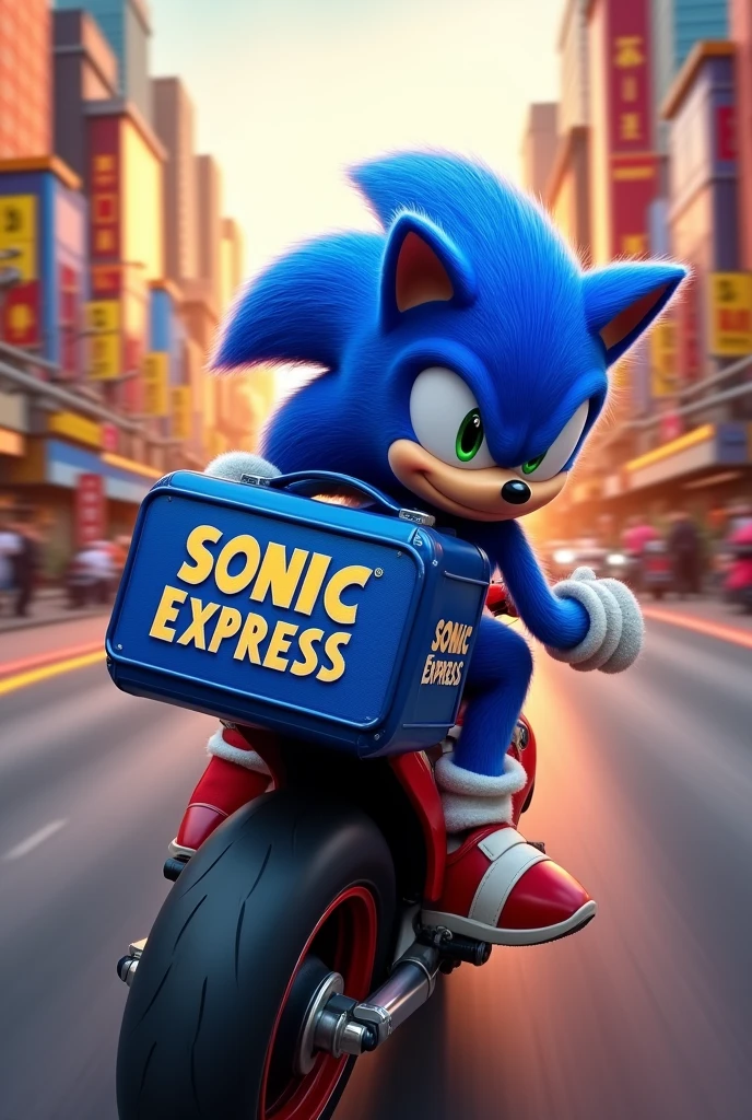 Sonic with a blue backpack that says "Sonic Express" de delivery manejando moto