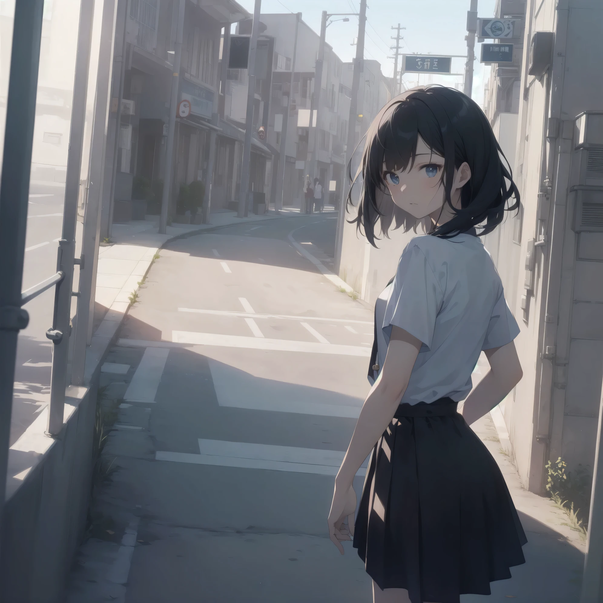 ultra-absurdres-Top quality by artist God, ultra-detailed, high resolution, anime moe artstyle, best anime 8k konachan wallpaper, pixiv contest winner, pool:2810, perfect anatomy,break, 1girl, (Please draw a girl walking sleepily to school alone. )break,(Solo,little female, 13-year-old:1.3),Full limbs, complete fingers,a junior high school student, (very short hair), short cut, flat chest, , small butt, small black eyes, beautiful detailed eyes, well-proportioned iris and pupils, expressive eyes, highres detailed hair, soft expression, salor school_uniform, sailor collar, serahuku, bow, pleated skirt,(Detailed Lighting), (Detailed background), in the School commute route. break,super detailed skin, Best cinematic lighting powered by famous artist, 8k,beauty illustration,photoshop_(medium),very aesthetic,break,((artist:shimazaki_mujirushi )), artist:clamp ,artist:carnelian ,artist:kantoku ,