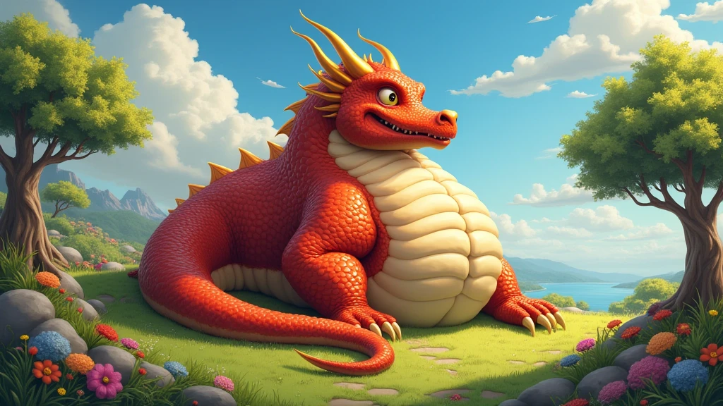 He is a dragon, his horns are golden, a beautiful golden color, his body is red, he is so fat, he is fatter than a mountain, fatter, fatter, fatter, his neck is so fat, his belly is so round that it touches the ground.