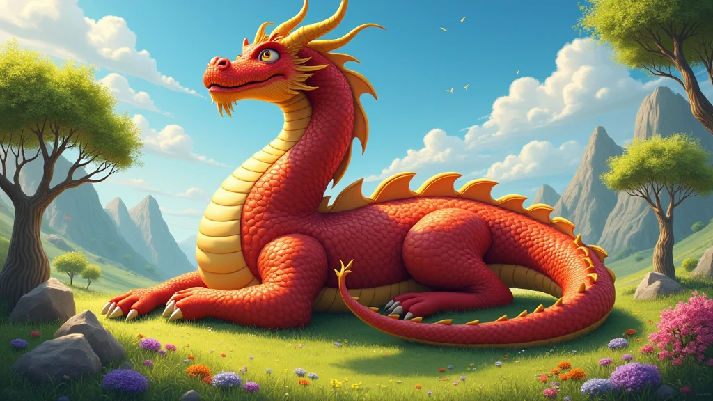 He is a dragon, his horns are golden, a beautiful golden color, his body is red, he is so fat, he is fatter than a mountain, fatter, fatter, fatter, his neck is so fat, his belly is so round that it touches the ground.