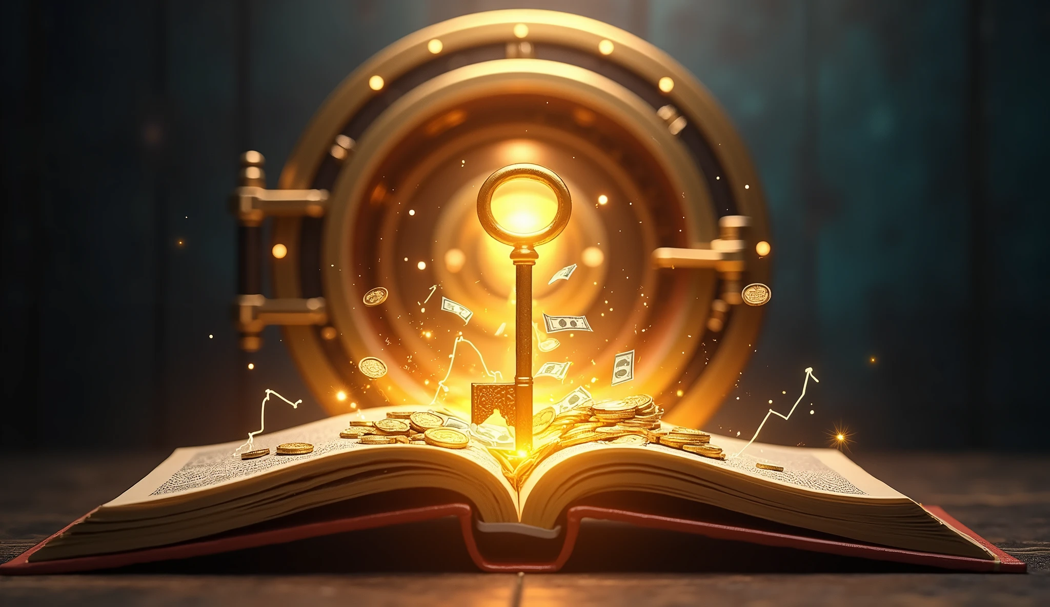 Create an image that visually represents the idea 'Knowledge is the key to transforming your financial life.' Depict an open book emitting a glowing light, symbolizing knowledge, with the light transforming into a golden key. The key should unlock a sturdy vault filled with symbols of financial prosperity, such as coins, bills, and growth charts. The background should be a gradient from dark to light, symbolizing the transition from financial uncertainty to financial success