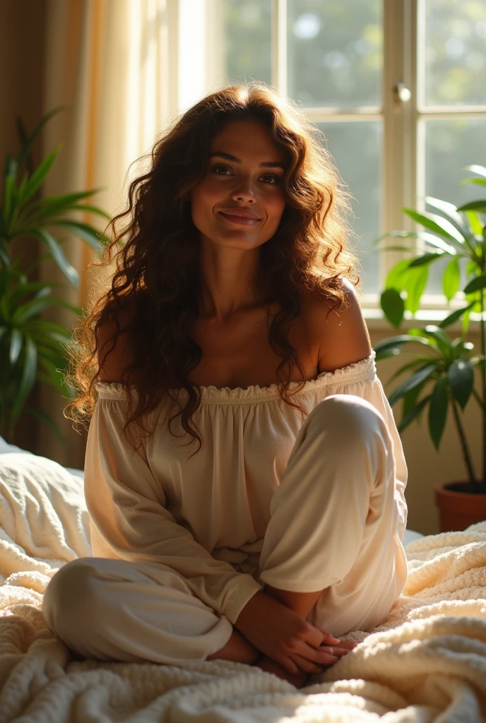 (photorealism:1.2), beautiful woman, sitting on bed, wearing loose off-shoulder top, pajama pants, long curly hair, indoors, soft lighting, plants in background, window with sunlight, cozy room, relaxed pose, realistic, intricate details, warm colors, by Greg Rutkowski, by Alphonse Mucha