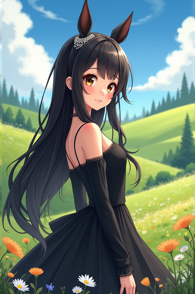 Long black hair, freckles, horse ears, horse girl, brown eyes, wearing black dress, pretty scenery, 2d, cute, hand drawn, manga style, anime style
