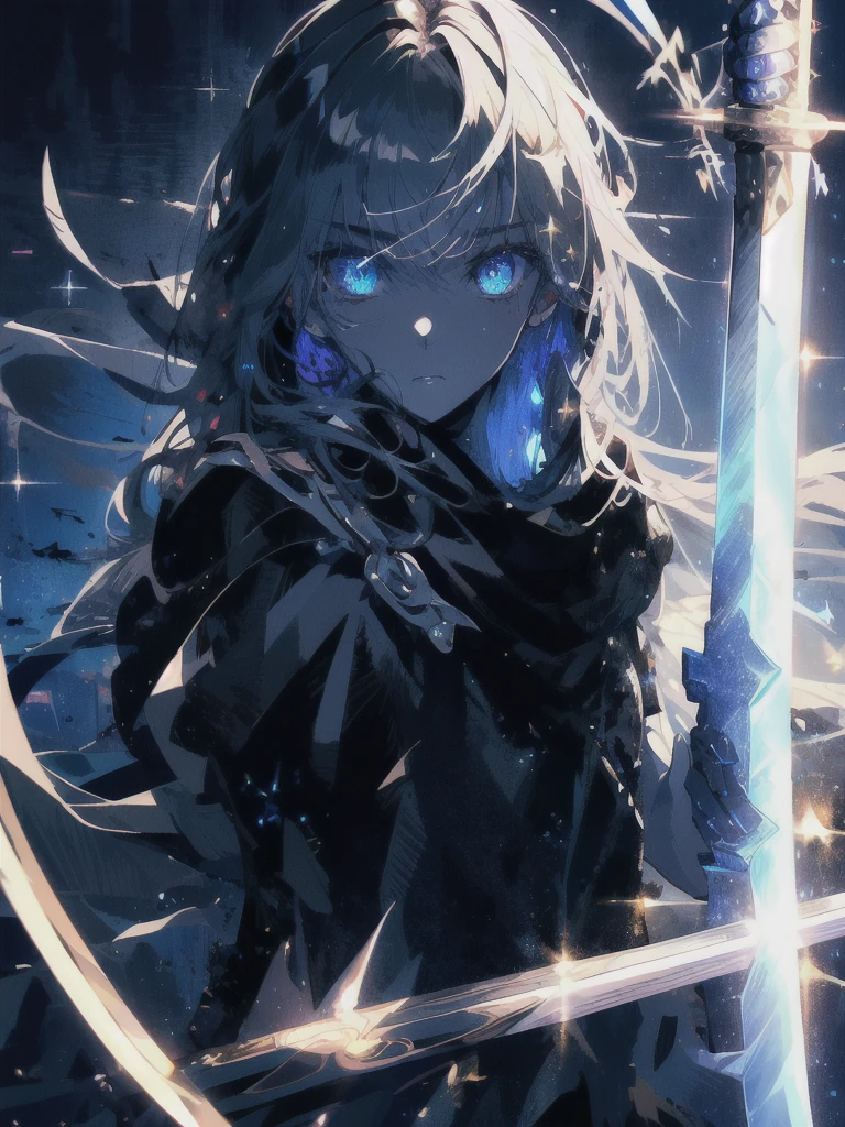Holding a one-handed sword、Please take the black sword.、((masterpiece, highest quality, Super detailed, High resolution)), alone, beautiful girl, shining eyes, perfect eyes, 15 years old, black white gold theme,