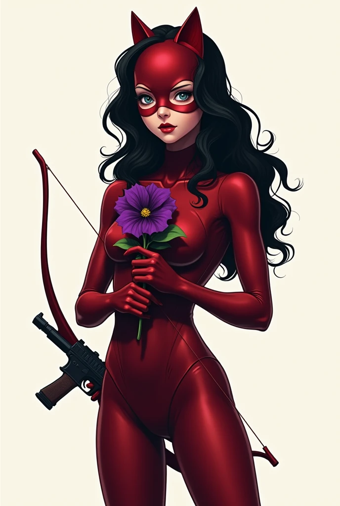 A silhouette of a teen girl wearing red Catwoman suit. Wavy hair. no head gear. Wearing red mascaraed mask. Holding a small gun and bow. Plain background. Semi-realism art. Holding a purple-black petunia flower