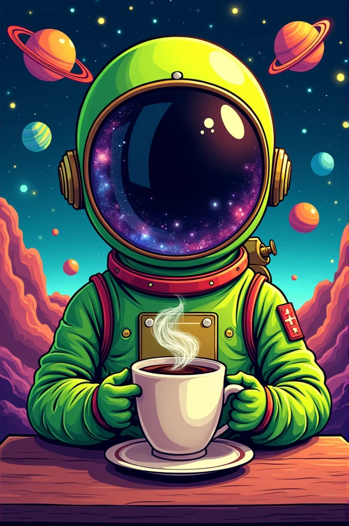T-shirt design for a coffee shop combining alien astronaut and coffee elements