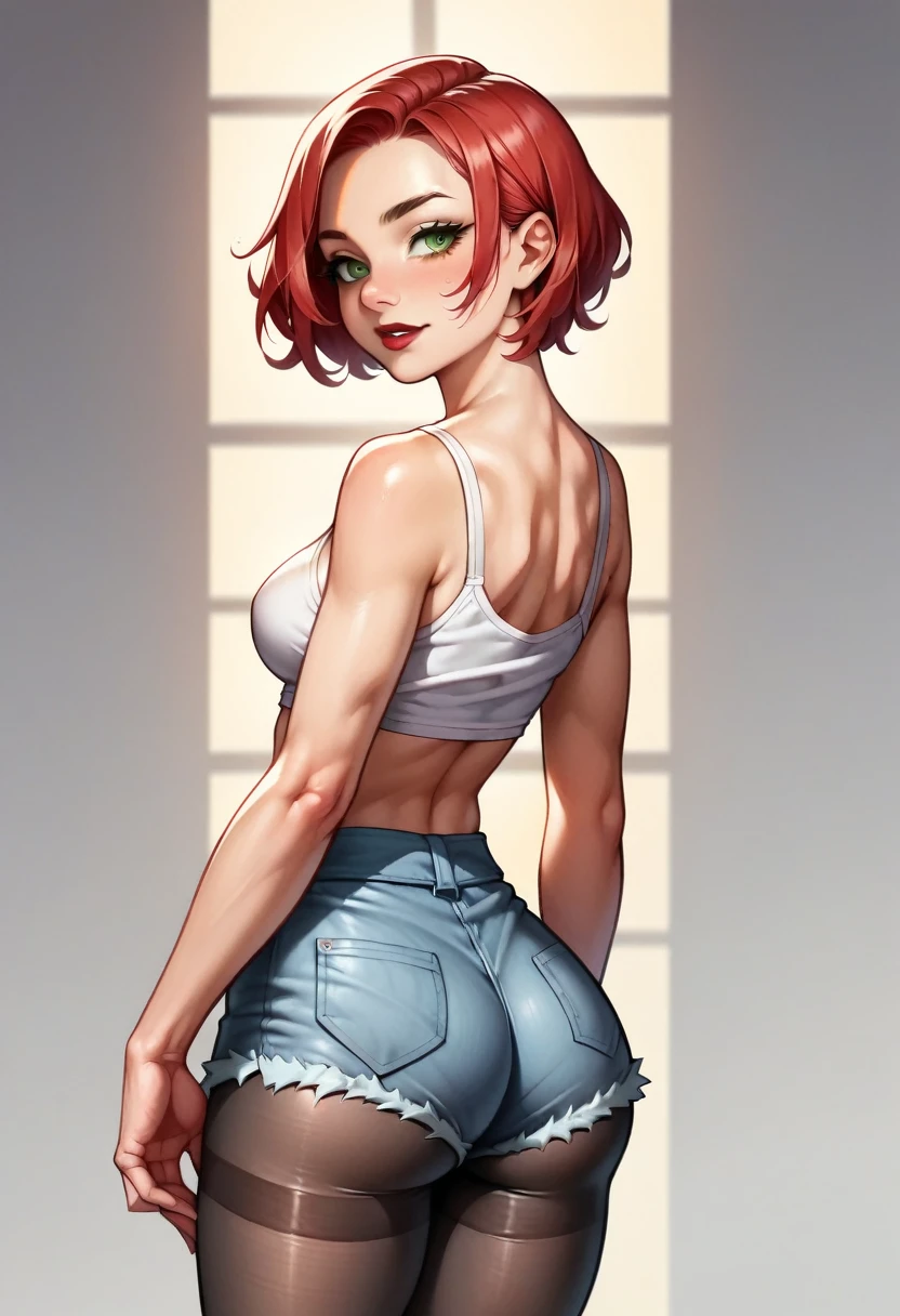 (high-level image quality), (high quality), (high resolution), (detailed), (masterpiece), beautiful woman, ((caucasian)), green eyes, red hair, short hair, dark red lipstick, big ass, thick tights, slender body, perfect eyes, Detailed face, seductive, booty shorts, cropped