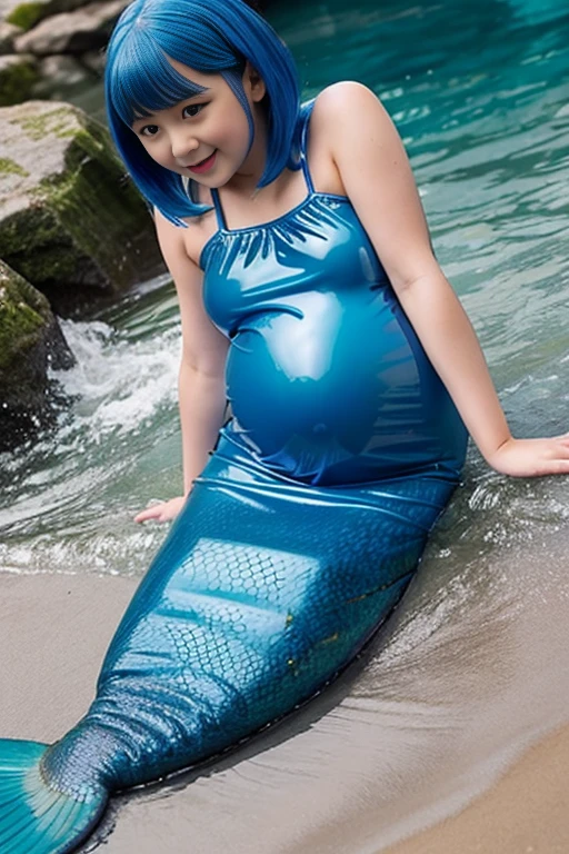 Live Action Female Kindergarteners Mermaid in a blue rubber dress。Latex blue hair, Potbelly pregnancy Wet Multiple people