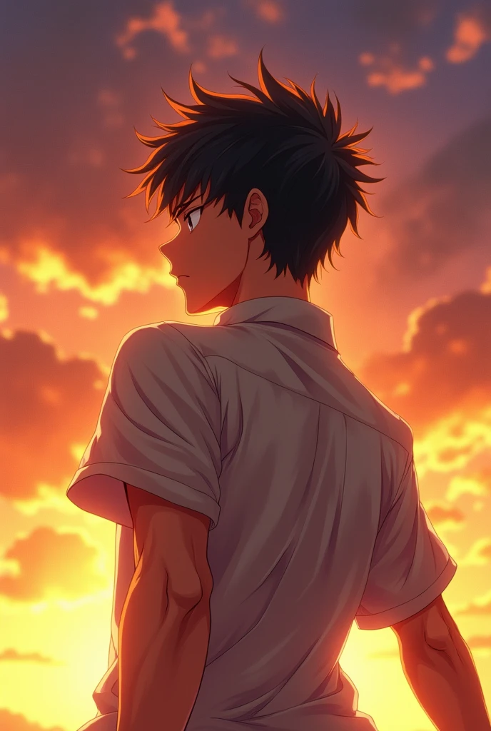 realistic anime style drawing of a strong and powerful boy's face with his back and arms open