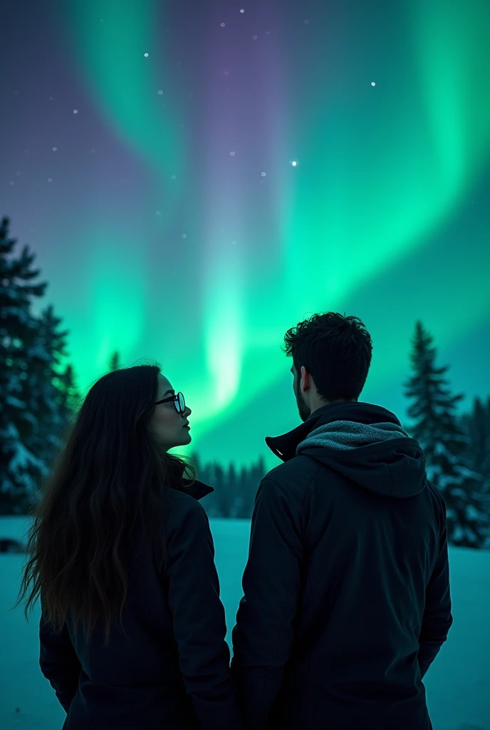 A woman with glasses and long dark hair and a DARK man seeing the Northern Lights in Norway, on a cold night
