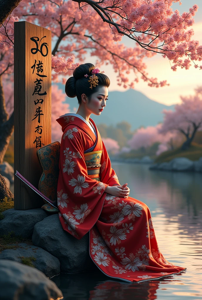 uma placa escrito : 36 Photos, a realistic geisha warrior sitting next to
