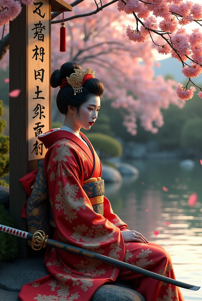 uma placa escrito : 36 Photos, a realistic geisha warrior sitting next to