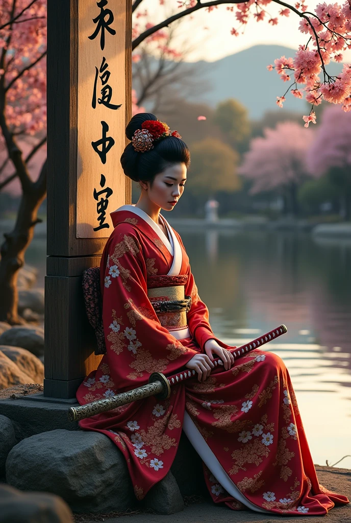 uma placa escrito : 36 Photos, a realistic geisha warrior sitting next to