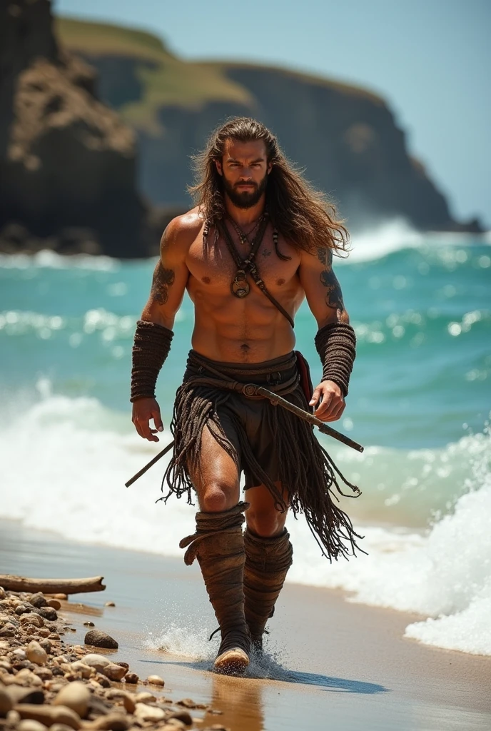 Create a Viking walking on the beach without clothes