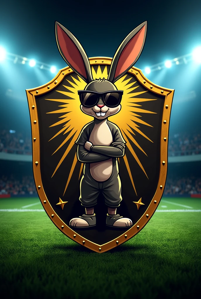 A football team crest that has the name Trigamos FC but the image is of the playboy rabbit with a girl in a pole dancing