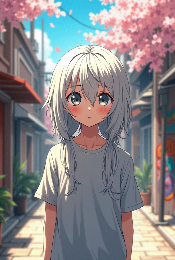Make a 20 year old boy, long white hair, White skin, grey eyes, shy, wiry.

style: retro anime.