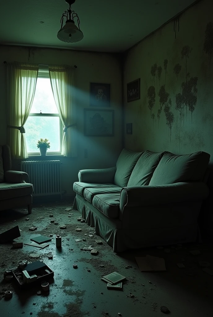 dark living room in a messy house with scattered objects and an upside down sofa.