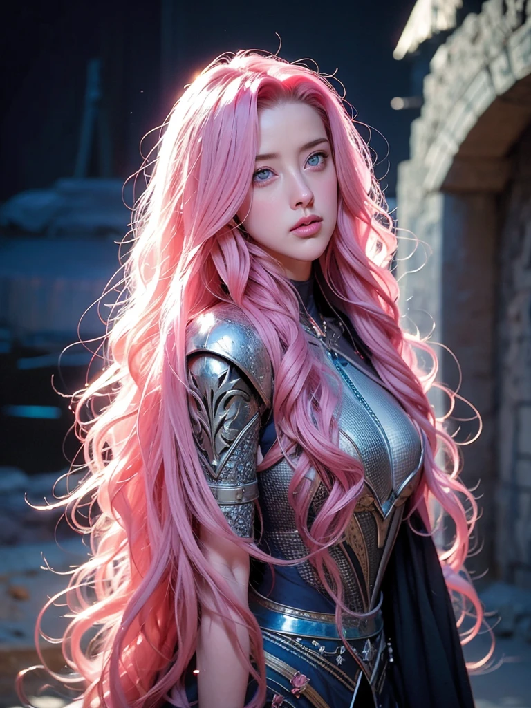 A AMBER HEARD, long curly hair, pink hair, blue eyes, wearing armor, defeated, medieval background, sad, sword