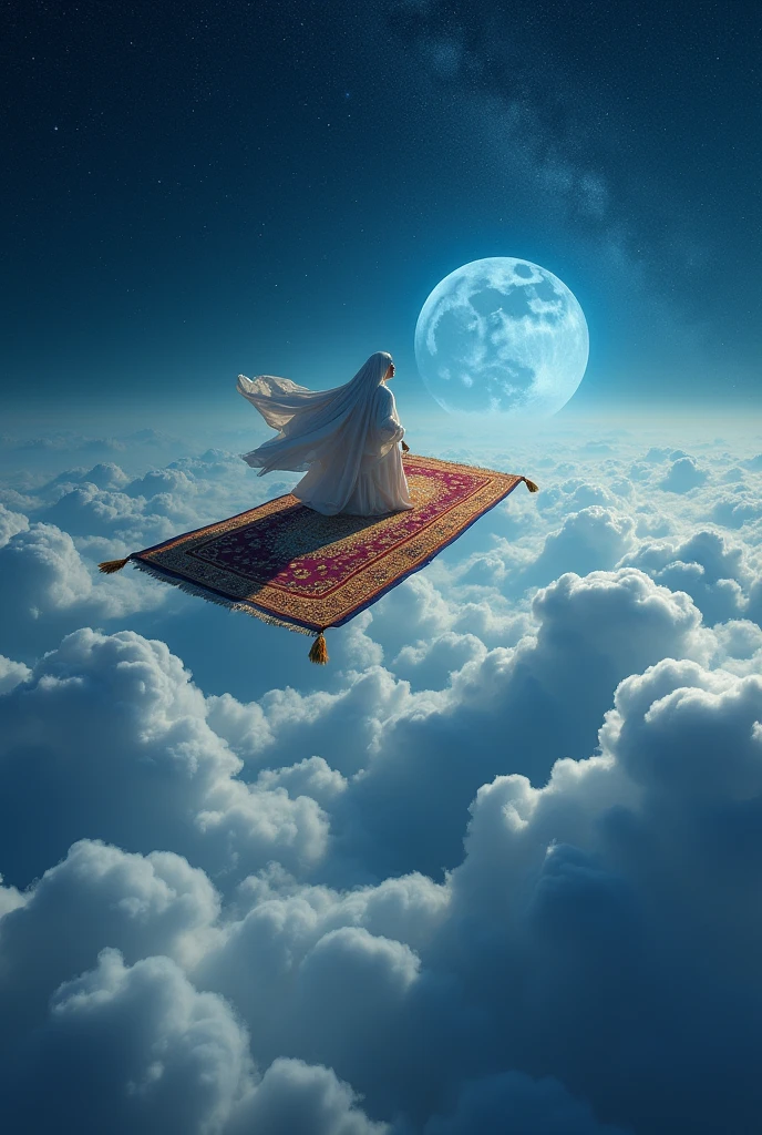 Flying carpet over the clouds at night