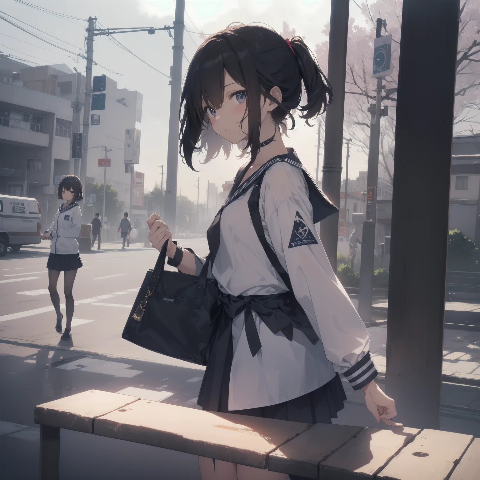 ultra-absurdres-Top quality by artist God, ultra-detailed, high resolution, anime moe artstyle, best anime 8k konachan wallpaper, pixiv contest winner, pool:2810, perfect anatomy,break, 1girl, (Please draw a girl walking sleepily to school alone. )break,(Solo,little female, 13-year-old:1.3),Full limbs, complete fingers,a junior high school student, (very short hair), short cut, flat chest, , small butt, small black eyes, beautiful detailed eyes, well-proportioned iris and pupils, expressive eyes, highres detailed hair, soft expression, salor school_uniform, sailor collar, serahuku, bow, pleated skirt,(Detailed Lighting), (Detailed background), in the School commute route. break,super detailed skin, Best cinematic lighting powered by famous artist, 8k,beauty illustration,photoshop_(medium),very aesthetic,break,((artist:shimazaki_mujirushi )), artist:clamp ,artist:carnelian ,artist:kantoku ,
