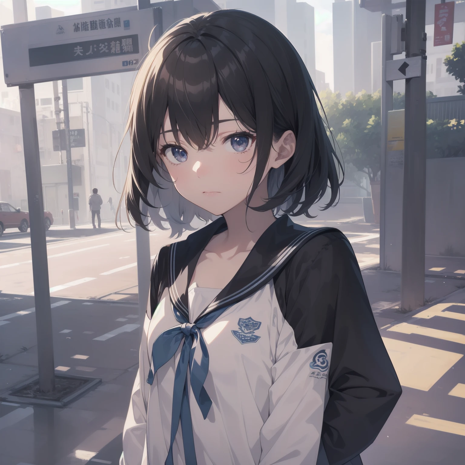 ultra-absurdres-Top quality by artist God, ultra-detailed, high resolution, anime moe artstyle, best anime 8k konachan wallpaper, pixiv contest winner, pool:2810, perfect anatomy,break, 1girl, (Please draw a girl walking sleepily to school alone. )break,(Solo,little female, 13-year-old:1.3),Full limbs, complete fingers,a junior high school student, (very short hair), short cut, flat chest, , small butt, small black eyes, beautiful detailed eyes, well-proportioned iris and pupils, expressive eyes, highres detailed hair, soft expression, salor school_uniform, sailor collar, serahuku, bow, pleated skirt,(Detailed Lighting), (Detailed background), in the School commute route. break,super detailed skin, Best cinematic lighting powered by famous artist, 8k,beauty illustration,photoshop_(medium),very aesthetic,break,((artist:shimazaki_mujirushi )), artist:clamp ,artist:carnelian ,artist:kantoku ,