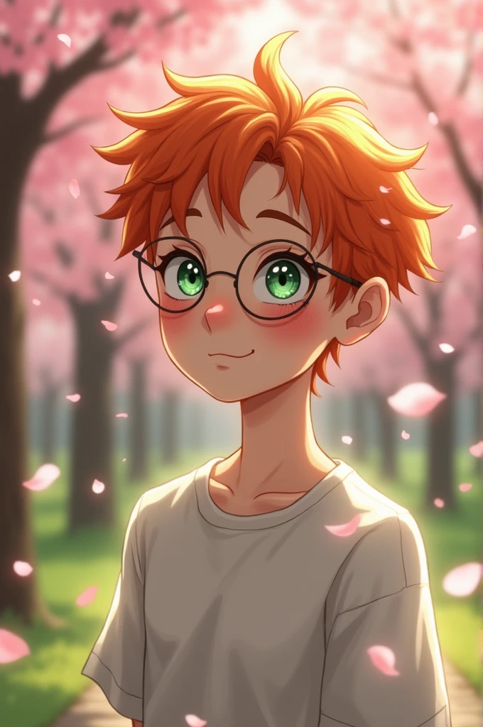 17 year old teenage boy with orange hair mint green eyes pale and thin skin with perfectly shaped features that seems unreal, It has round lenses