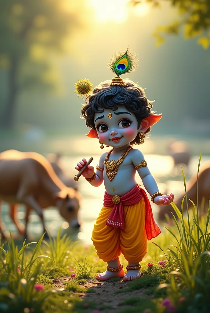 Little Sri Krishna,flute in hand, yamuna river bank background,cows,gopikas behind,namam in forehead, peacock feather in head