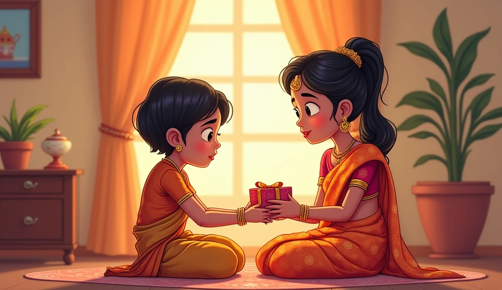 Here’s a prompt to generate a similar image for a thumbnail:

"Create a split-screen cartoon-style image depicting two contrasting scenes of Raksha Bandhan. On the left side, show a humble, traditional setting with a woman in a simple sari tying a rakhi on her brother’s wrist, who is sitting and smiling, holding a small gift. The woman should have a kind and caring expression. The background should suggest a modest home with minimal decorations. On the right side, show a more modern and luxurious setting with a woman in a richly adorned sari offering an extravagant gift, like a jewelry box, to her brother, who looks surprised. The background should suggest an upscale home with elegant furniture and decorations. The scene should emphasize the contrast between the two lifestyles, focusing on the emotions and interactions of the characters."

This prompt should help capture the essence of the contrasting lifestyles in the image while making it suitable for a thumbnail.