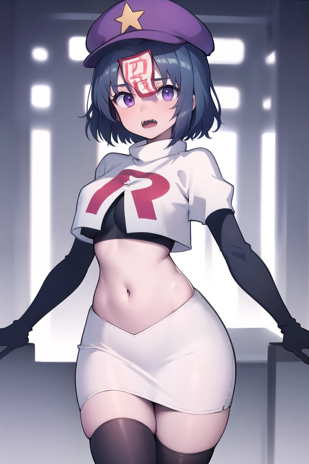 best quality, (masterpiece:1.2), illustration, absurdres,
(1girl), (solo), (beautiful detailed girl),
Miyako Yoshika, (blue skin, purple skin:1.1), dark blue hair, purple eyes, medium breasts, zombie, jiangshi, undead
blue hat with a yellow star, ofuda on forehead, fangs, looking at viewer,
team rocket,team rocket uniform,white skirt,red letter R,crop top,black thigh-highs,black elbow gloves, cowboy shot,