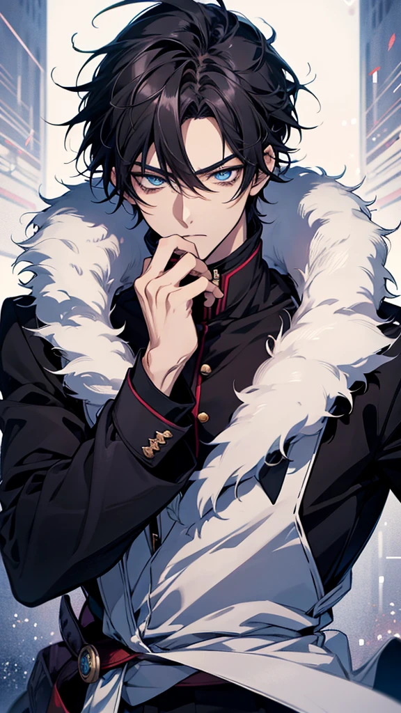 Anime Shōnen with black hair and blue eyes staring at something, Anime handsome guy, Anime Shōnen, Male Anime Style, Anime portrait of a handsome man, Highly detailed facial anime, Detailed anime soft face, Handsome anime pose, handsome anime eyes, Male Anime Characters, inspired by Okumura Togyu, Tall anime guy with blue eyes, Stunning Anime Face Portraits