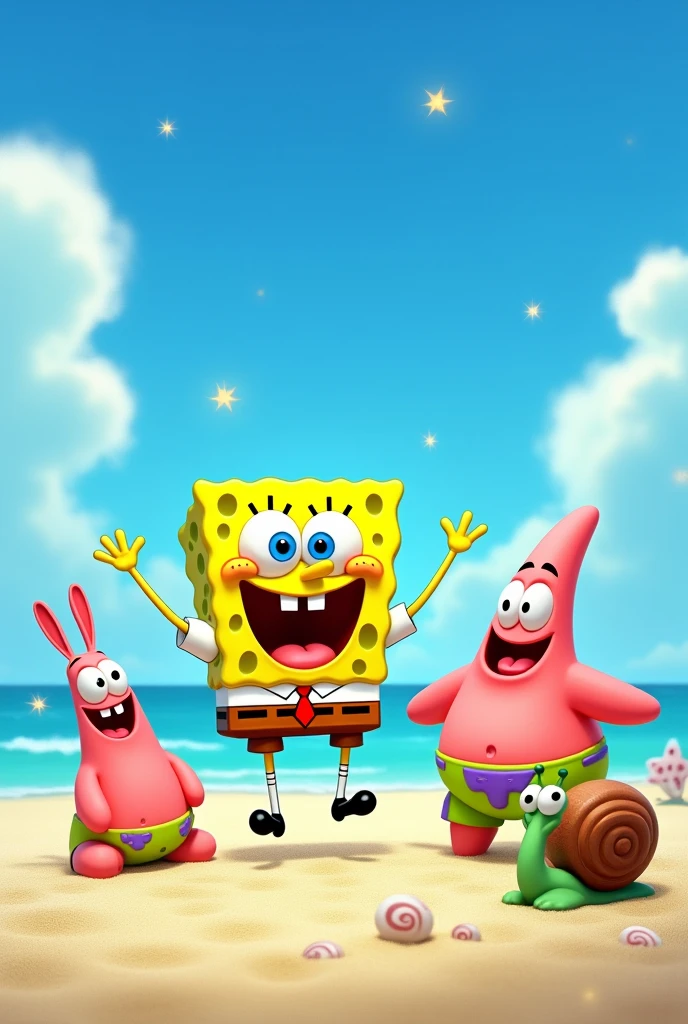 I need to create an animated image of SpongeBob for children. The background must be a clear and bright sky. In addition, the characters must not suffer modification or deformations to their classic aspects. In addition, it must be with sand. , Mr. Crab and Patrick and Gary with phosphorescent colors