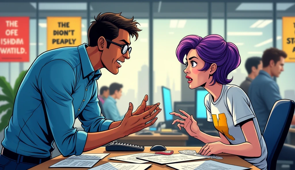 Two employees talking, having different opinions in the company, drawing style