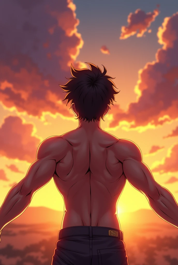 realistic anime style drawing of a strong and powerful boy&#39;s face with his back and arms open

