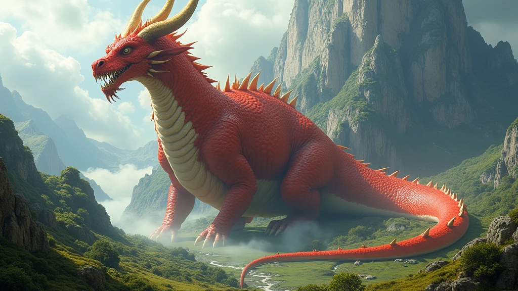 He's a dragon, his horns are gold, his coveted gold, his body is red, he's too fat, he's fatter, he's fatter, he's fatter, he's fleshy, he's round enough to touch the ground, he's bigger than a mountain