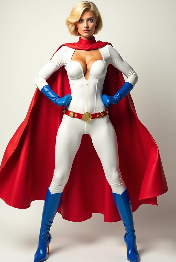 White girl, short blonde hair, muscular pose, large breasts, white one piece suit with sleeves, boob window, red cape, red and gold belt, blue gloves and boots